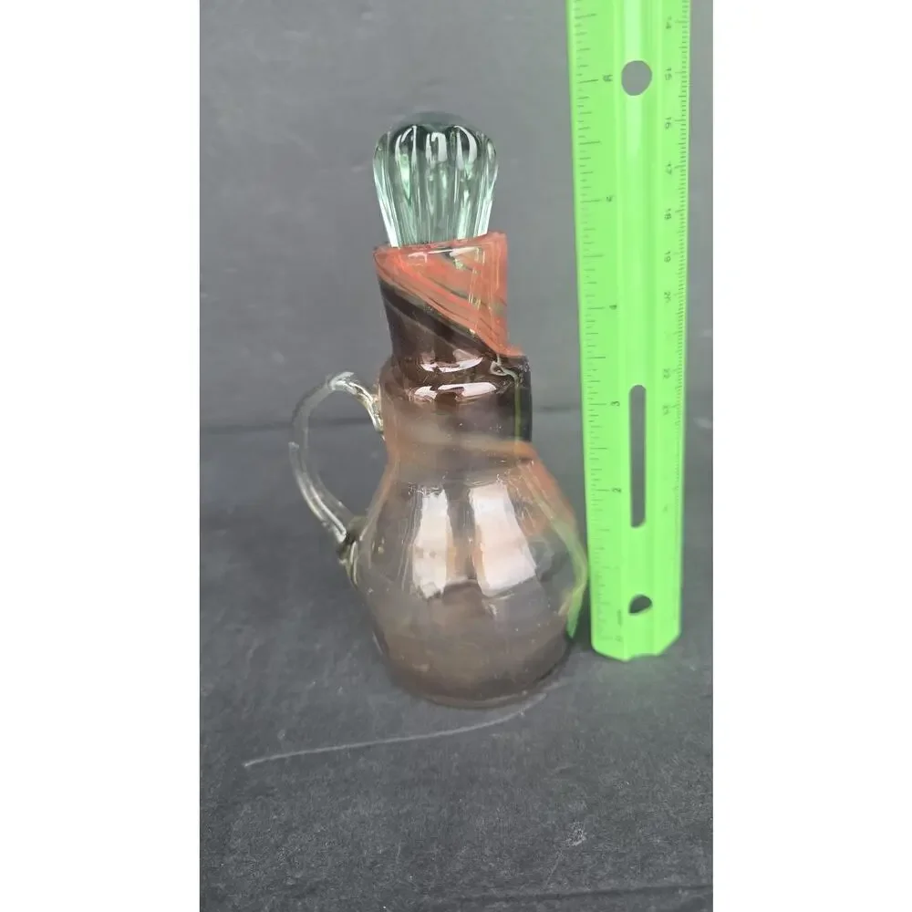 Murrhina Handblown Art Glass Cruet Bottle Handle Swirl Brown Amber Green Stopper